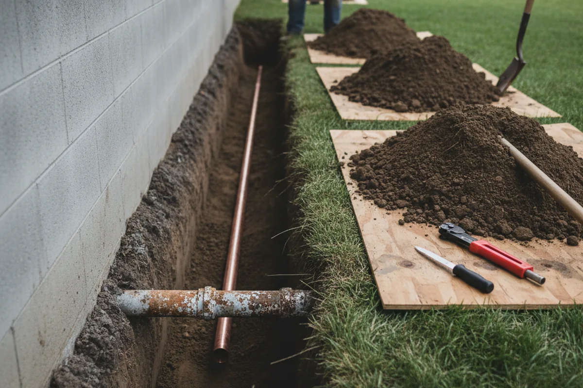 Excavated water line trench during Sewer Line Repair in Effingham